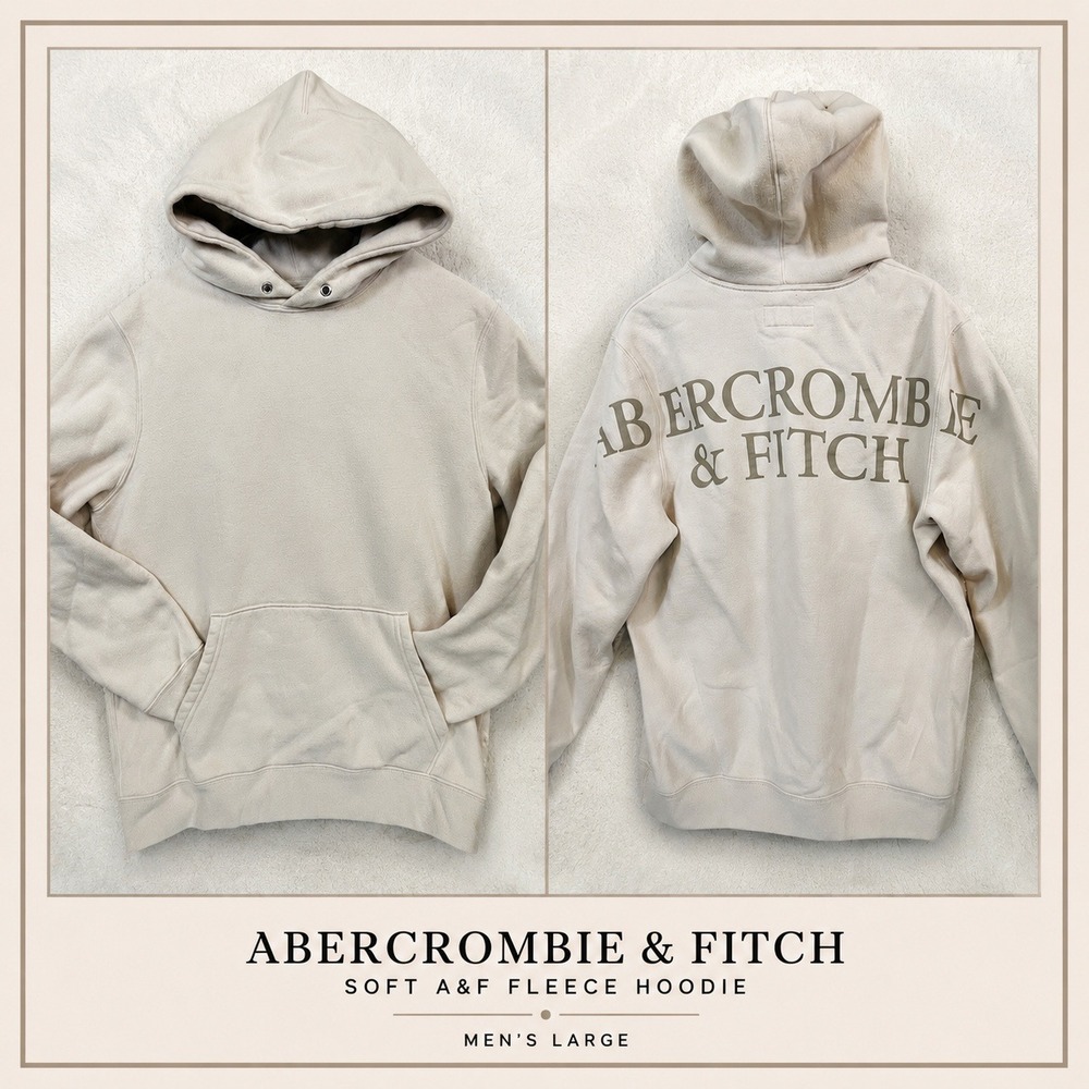 Abercrombie & Fitch Soft A&F Fleece Hoodie Mens L Cream Ivory Logo Back Pullover